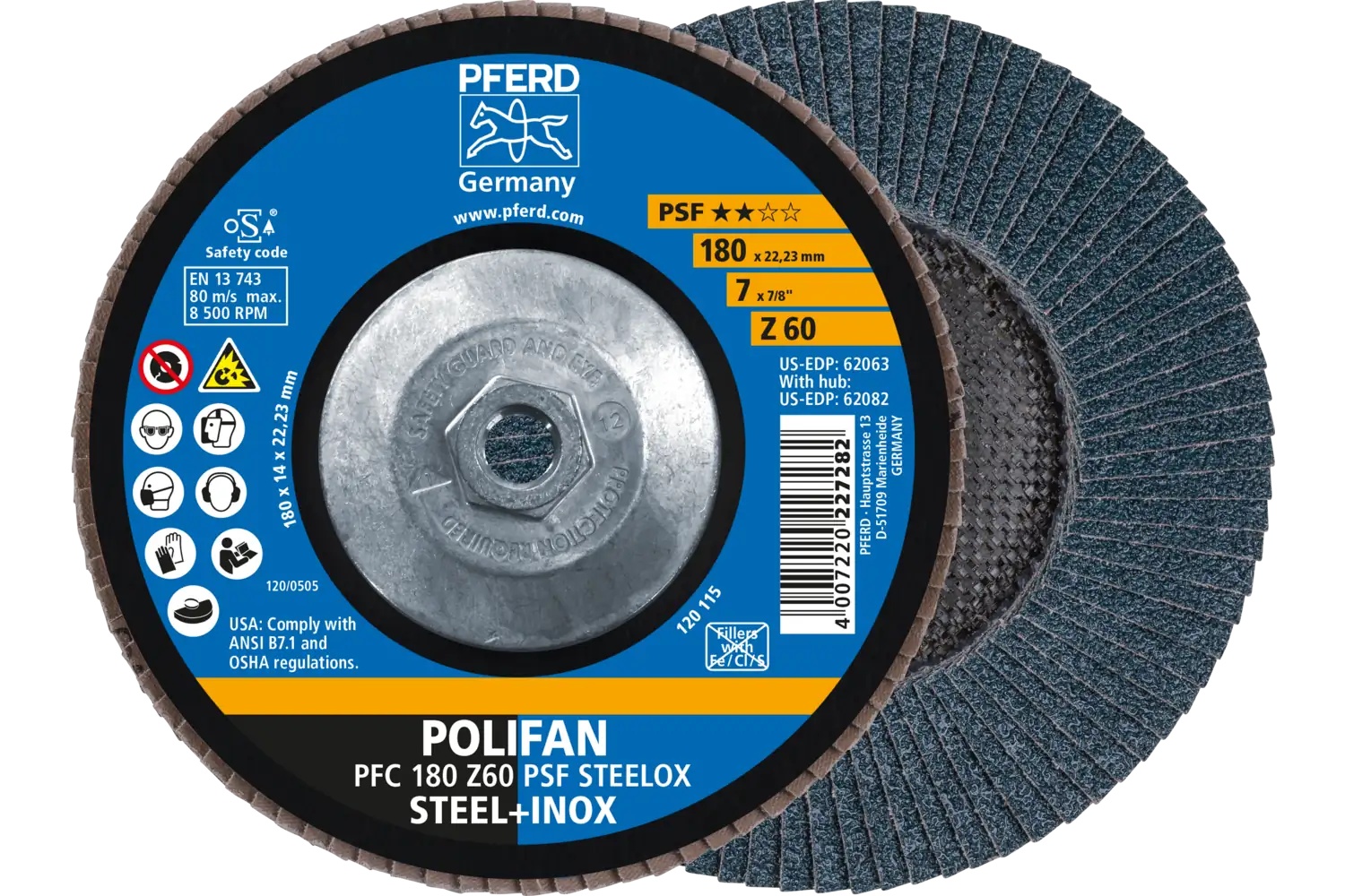 Picture of Pferd Flap Disc, 7" x 5/8-11, Z PSF Steelox, 60 Grit, T29, Conical, Zirconia